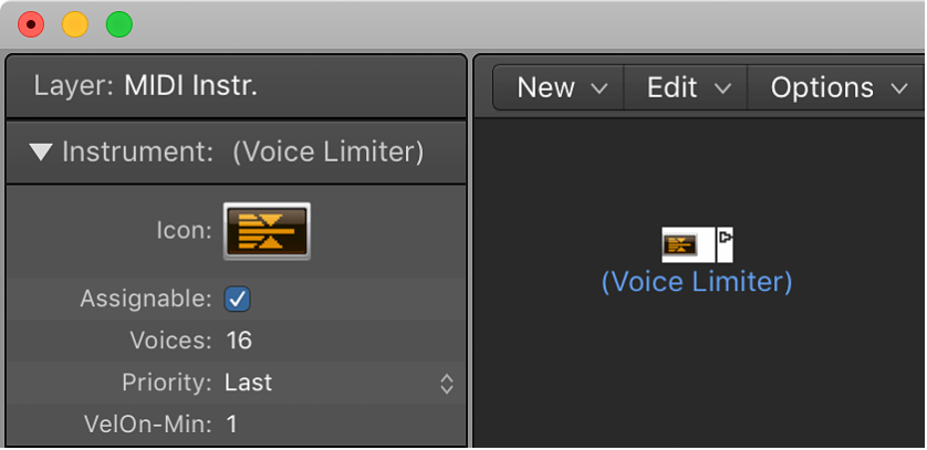 Figure. Environment window showing a voice limiter object and its inspector.