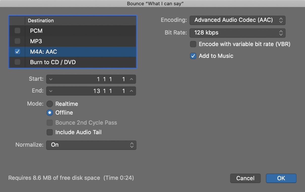 Figure. M4A AAC Format options in the Bounce window.