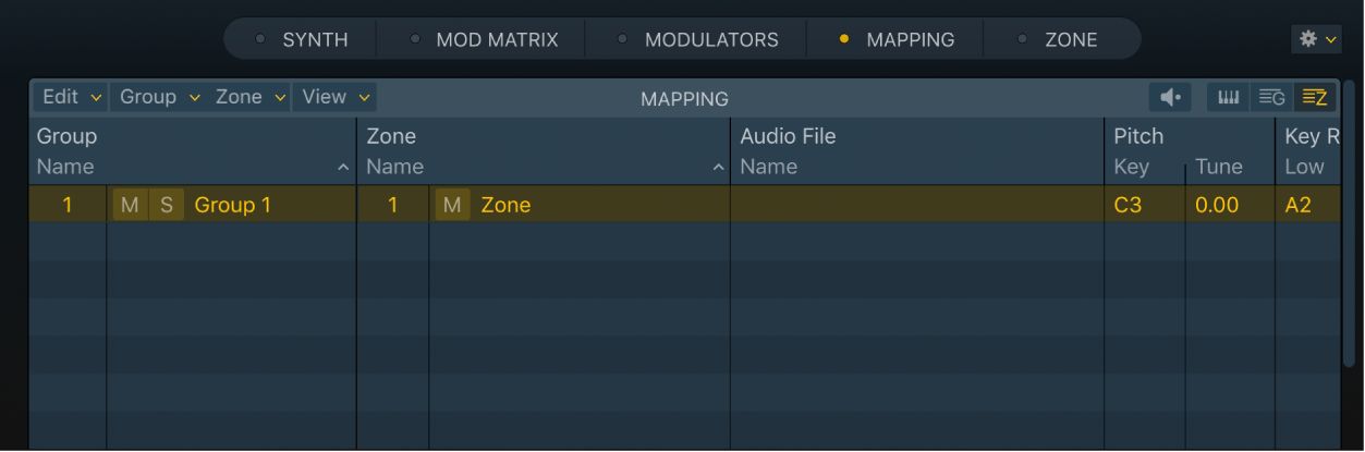 Figure. Sampler Mapping pane zone view, showing a new, empty zone.