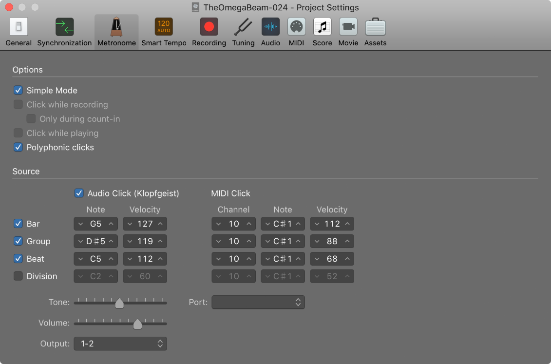 Figure. Metronome settings.