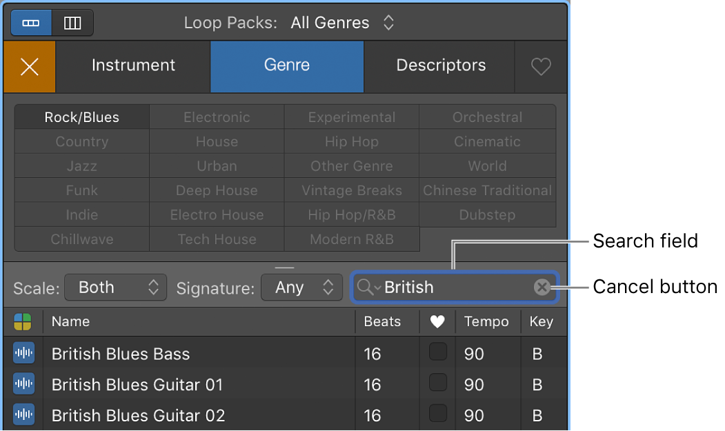 Search field and Cancel button in the Loop Browser.