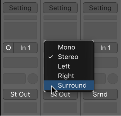 Figure. Input format pop-up menu on channel strip.