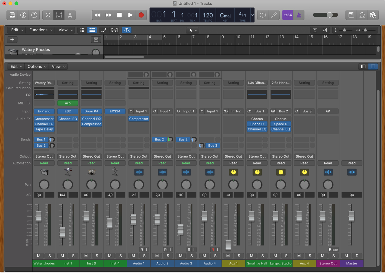 Figure. The Mixer, showing audio, software instrument, auxiliary, and master channel strips.