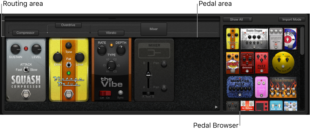 Figure. Pedalboard window, showing main interface areas.