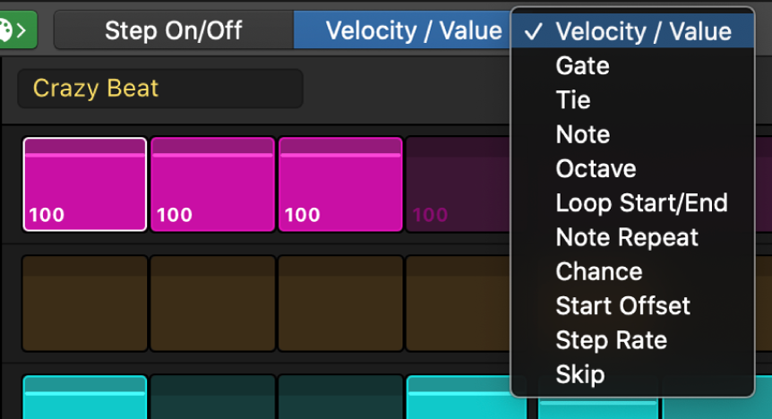 Step Sequencer Edit Mode selector, showing different edit modes.