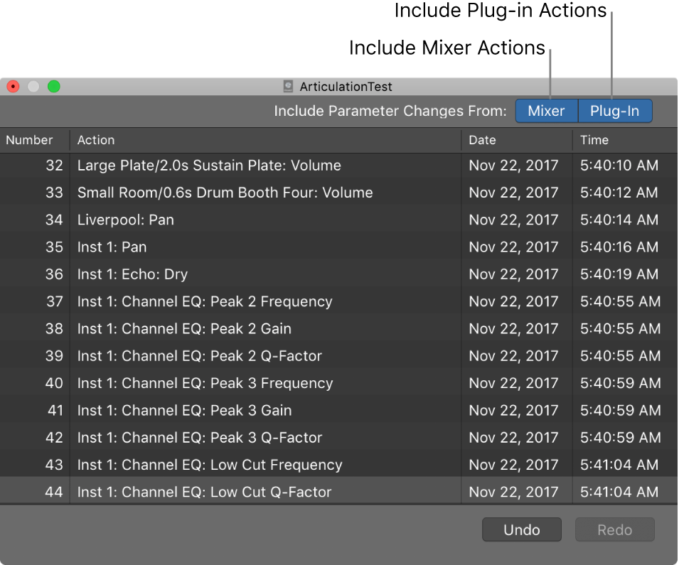 Figure. Undo History with Include Mixer and Plug-in Actions buttons turned on.