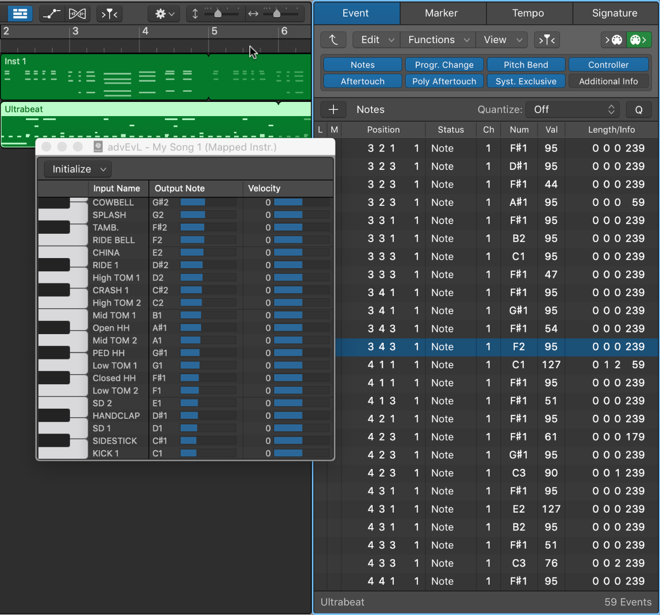 Figure. Mapped Instrument window showing mapped instrument note names in Event List.