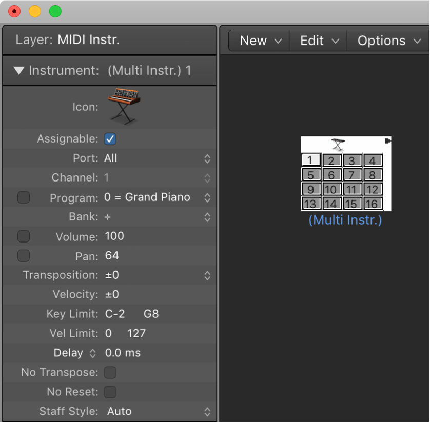 Figure. Environment window showing a multi-instrument object and its inspector.