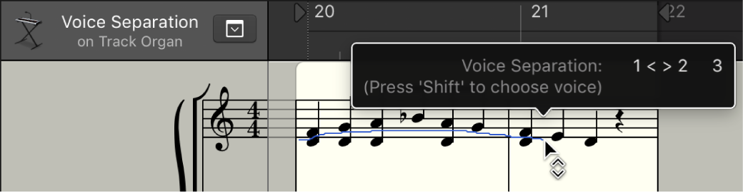 Figure. Voice Separation tool between two notes in the Score Editor.