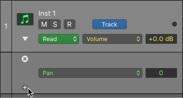 Figure. Pointing to the Plus button on an automation subtrack.