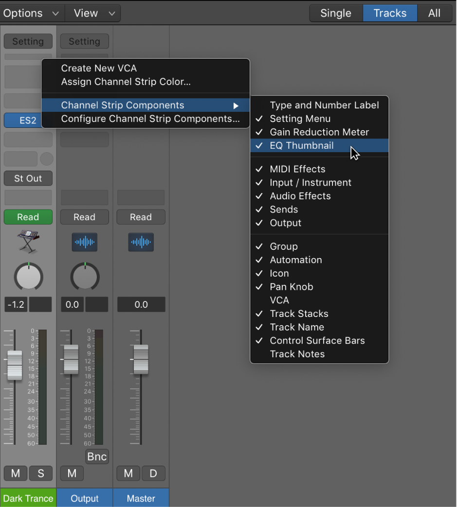 Figure. Channel Strip Components pop-up menu.