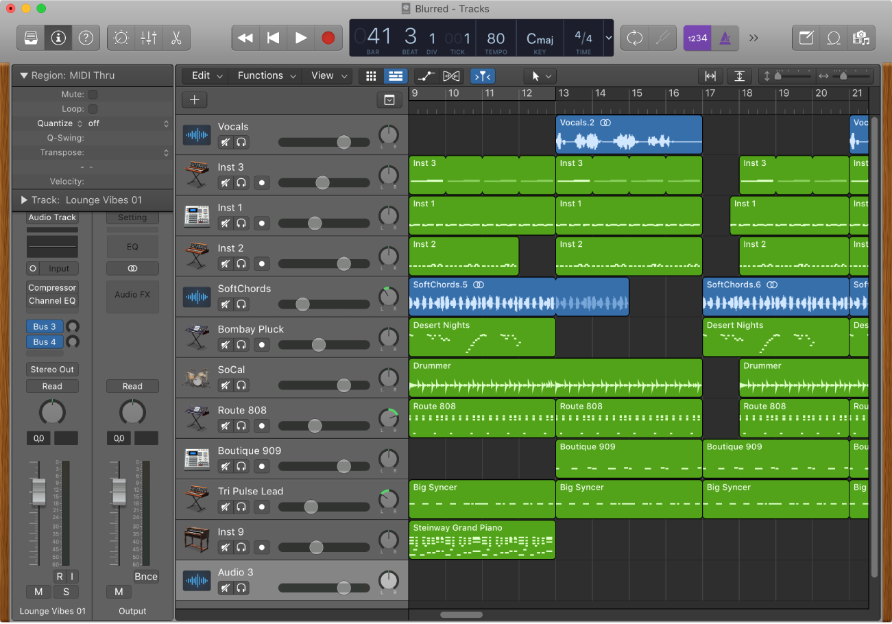 Figure. The Tracks area, showing audio, software instrument, and Drummer regions.