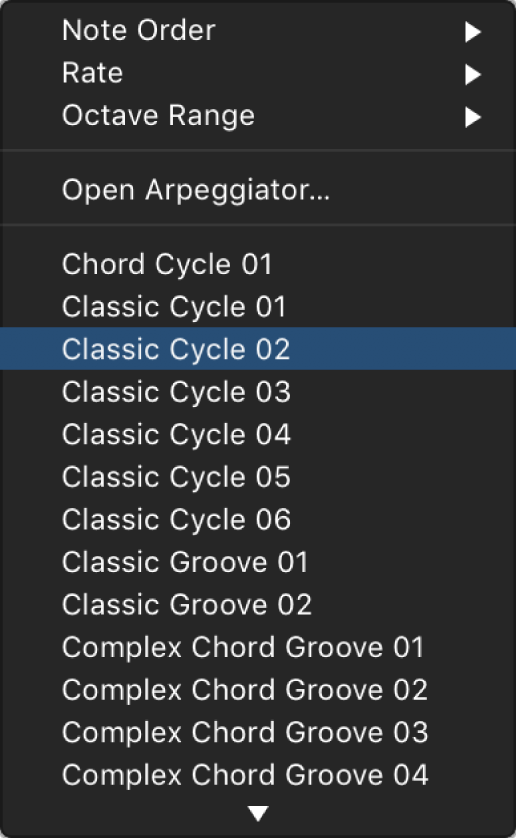 Figure. Arpeggiator pop-up menu in the Smart Controls menu bar.