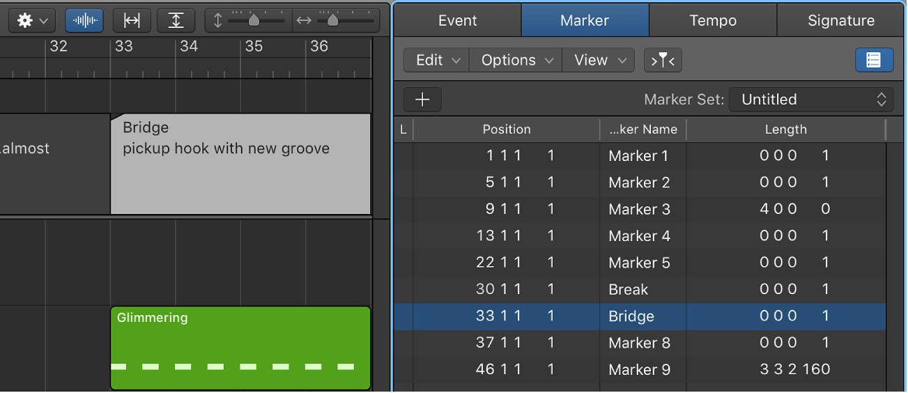 Figure. Marker List showing first line of text in Marker Text area being used as marker name.