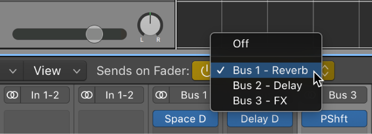 Figure. Choosing an effects return channel from the Sends on Faders pop-up menu.