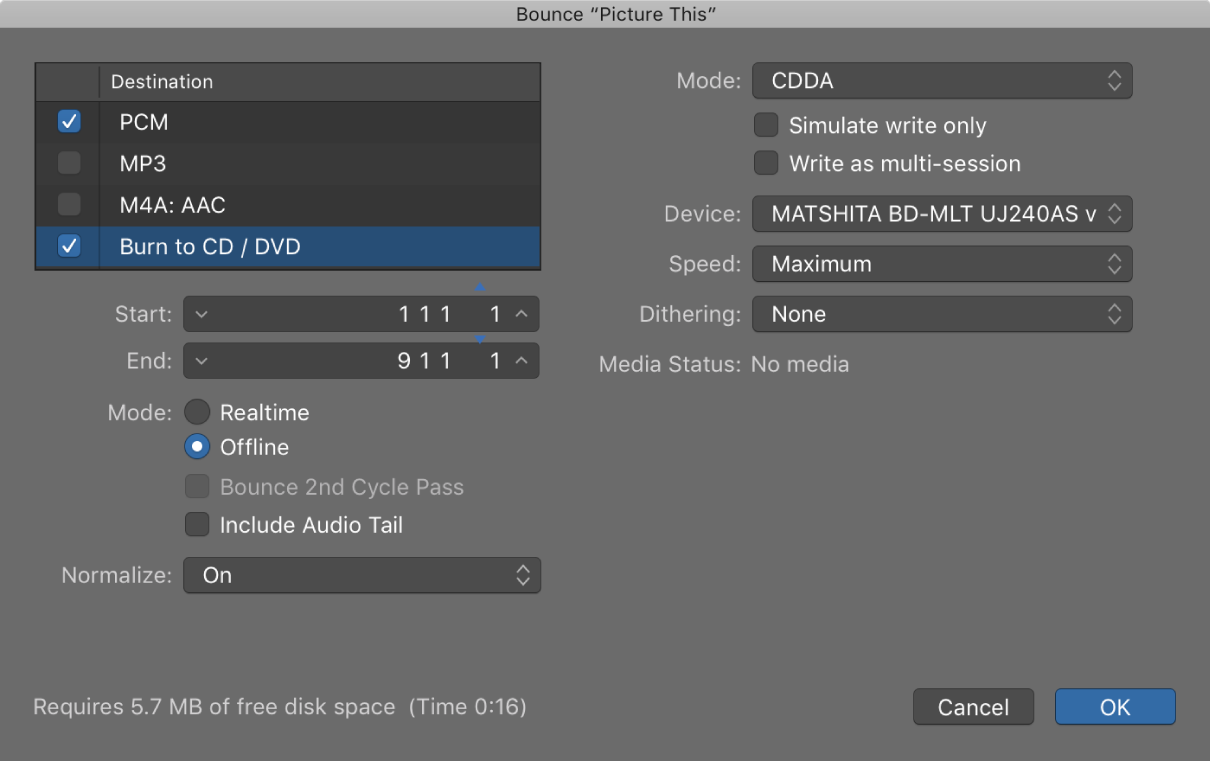 Figure. Burn options in the Bounce window.