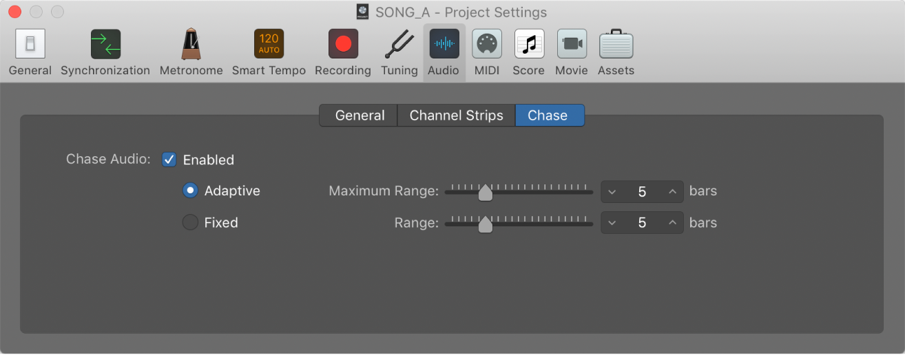 Figure. Chase audio settings.