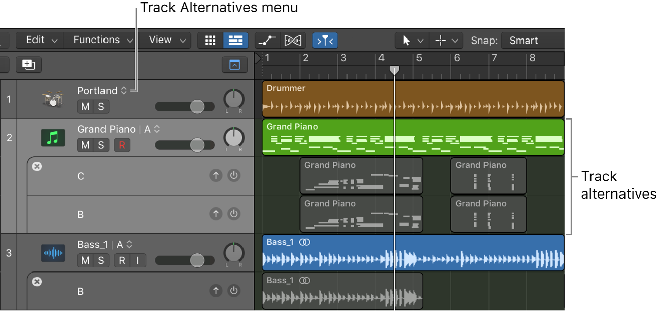 Figure. Tracks area showing multiple track alternatives, with track alternatives menu visible in track headers.