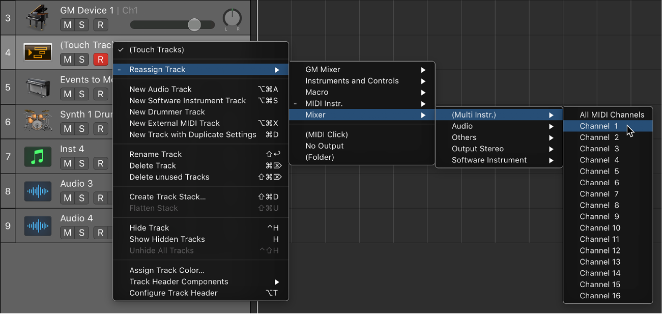 Figure. Browsing to the mapped instrument in the Reassign Track shortcut menu in the Tracks area.