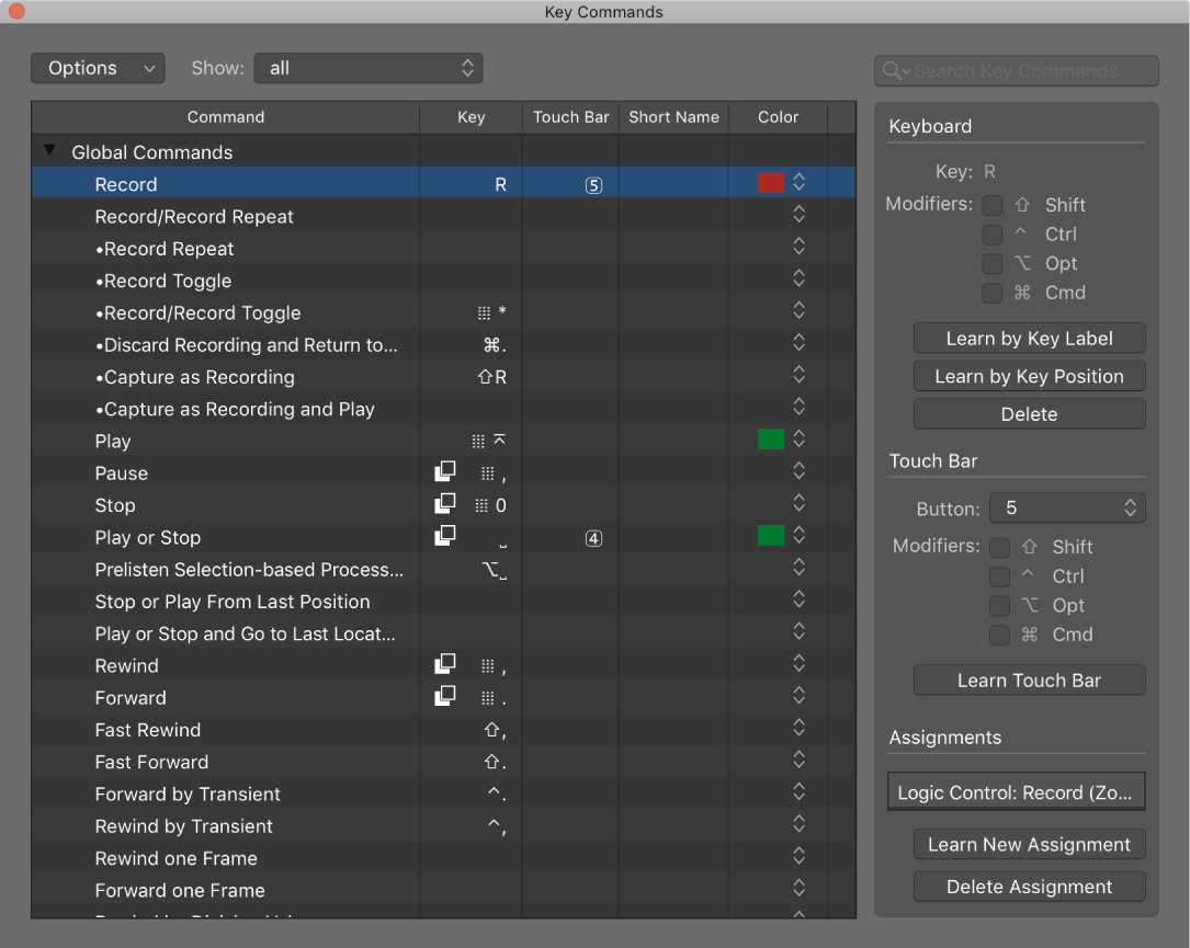 Figure. Key Commands window.