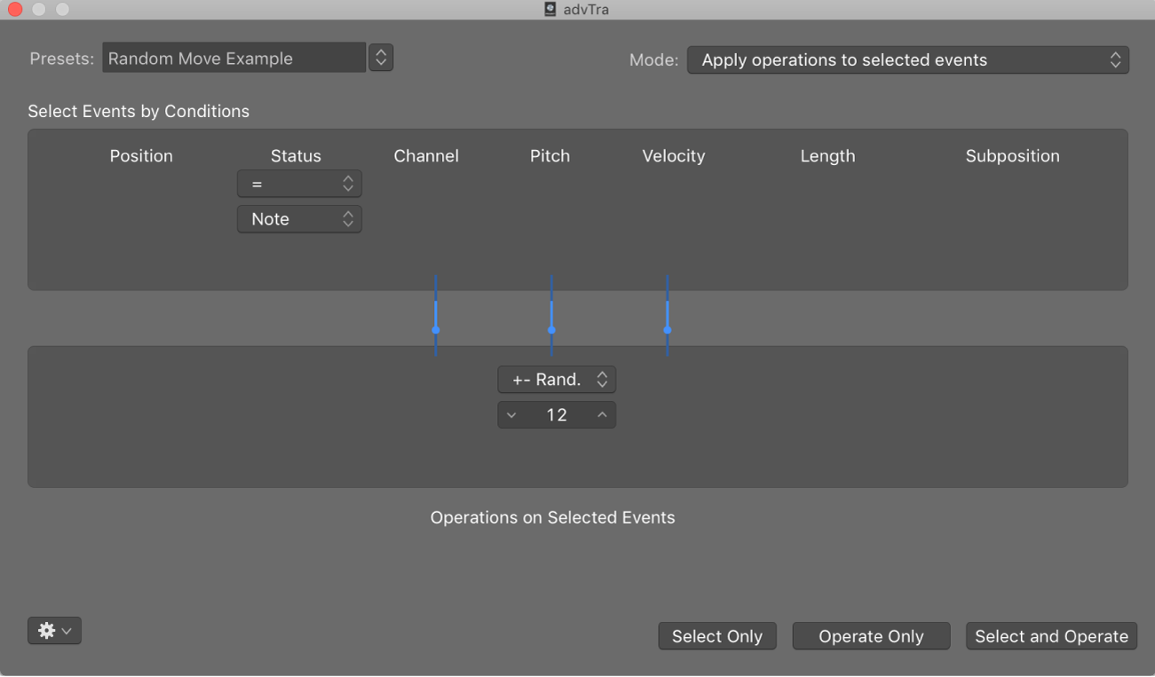 Figure. Transform window showing settings for converting MIDI note events to MIDI controller 1 events.