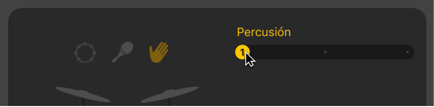 Ilustración. Se está arrastrando el regulador Percusión en el editor Drummer.