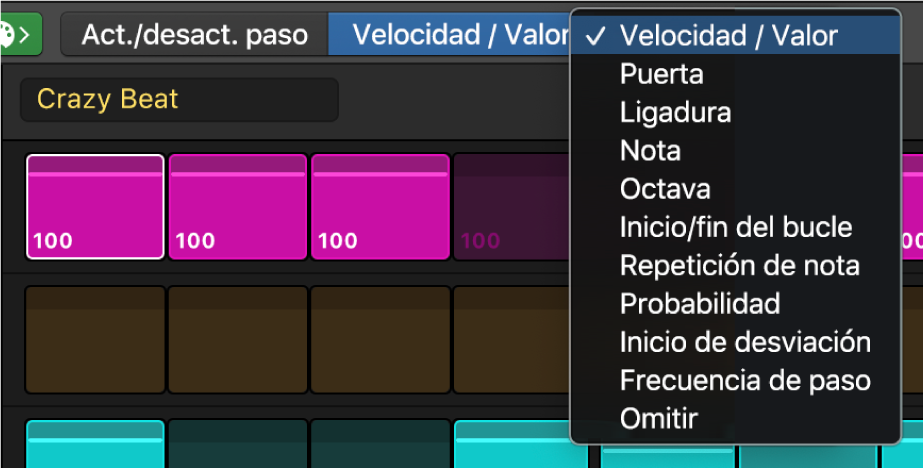 Selector de modo de edición del secuenciador de pasos, que muestra los diferentes modos de edición.