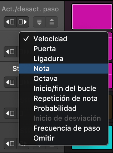 Menú desplegable “Modo de edición” del secuenciador de pasos abierto en una subfila, que muestra los diferentes modos de edición.