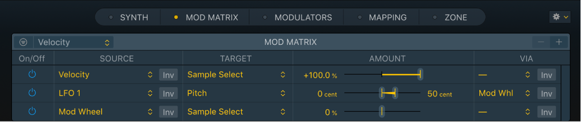 Ilustración. Panel “Mod Matrix” de Sampler con un destino “Sample Select”.