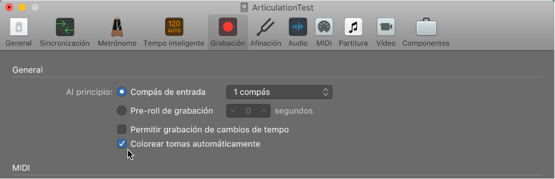 Ilustración. Se está seleccionando la opción “Colorear tomas automáticamente” en el panel Grabación de los ajustes del proyecto.