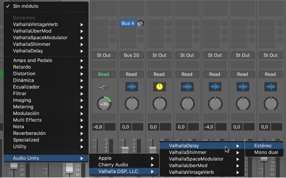 Submenú de Audio Units en el menú Módulos.