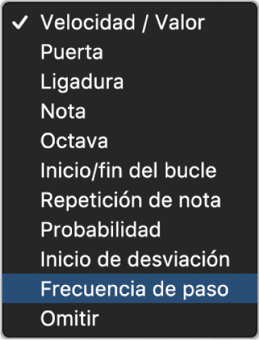 Menú desplegable del selector de modo de edición del secuenciador de pasos.