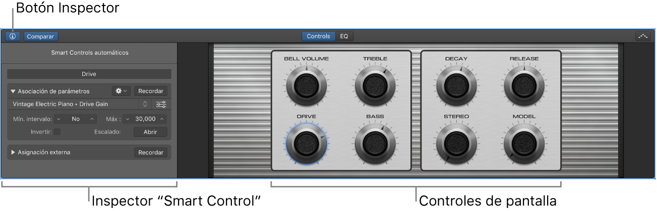 Ilustración. Panel Smart Controls con los controles de pantalla y el inspector.