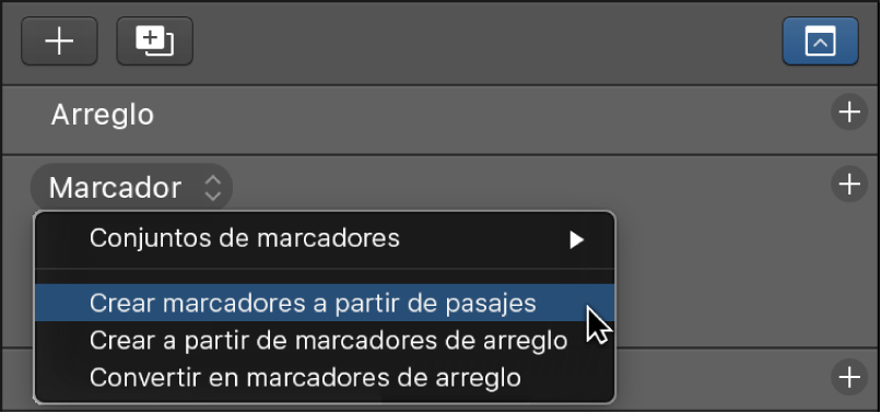 Ilustración. Pista de marcadores con el comando de menú “Crear marcadores a partir de pasajes”.