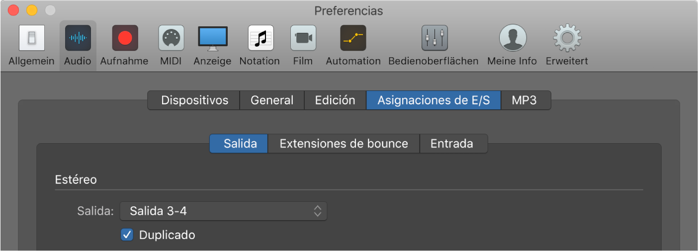 Ilustración. Panel Salida del panel “Asignaciones de E/S” en el panel de preferencias Audio.