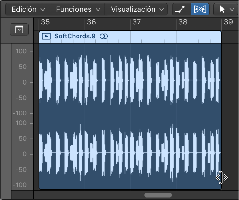 Ilustración. Puntero de acortamiento sobre el borde inferior derecho de un pasaje de audio en el editor de pistas de audio.