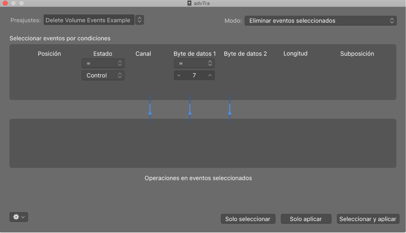 Ilustración. Ventana Transformación con ajustes para eliminar eventos de volumen de un pasaje MIDI.