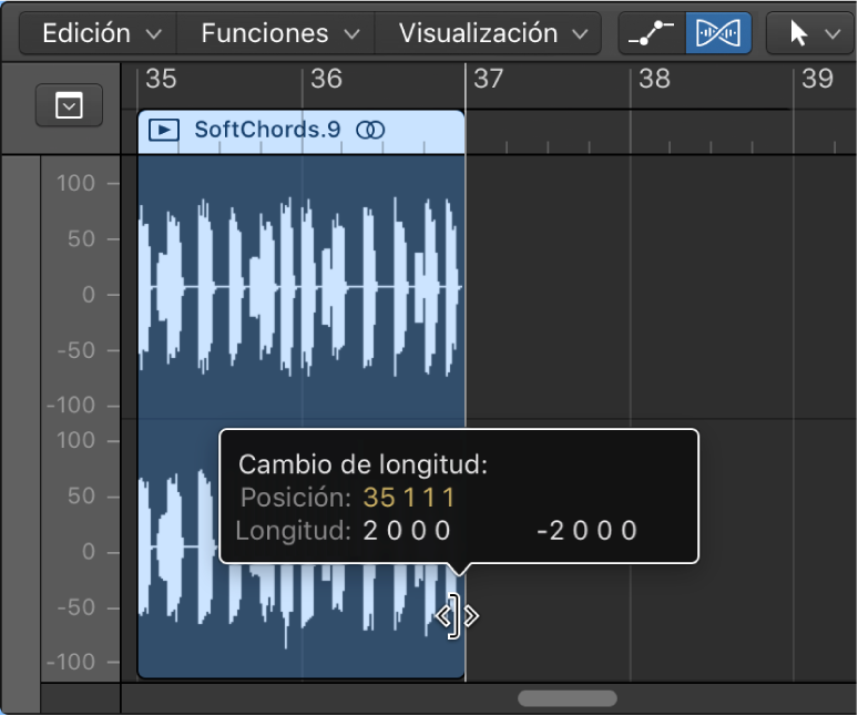 Ilustración. Se está acortando un pasaje de audio en el editor de pistas de audio. La etiqueta de ayuda muestra la longitud del pasaje.