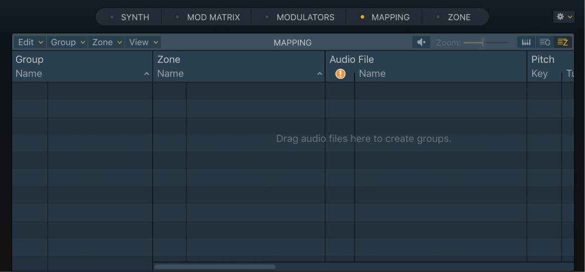  Ilustración. Panel Mapping vacío de Sampler, que muestra un mensaje en el que se indica dónde se deben arrastrar los archivos de audio en la vista de zona.