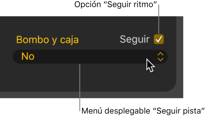 Ilustración. Casilla Seguir y menú desplegable “Seguir pista” del editor Drummer.