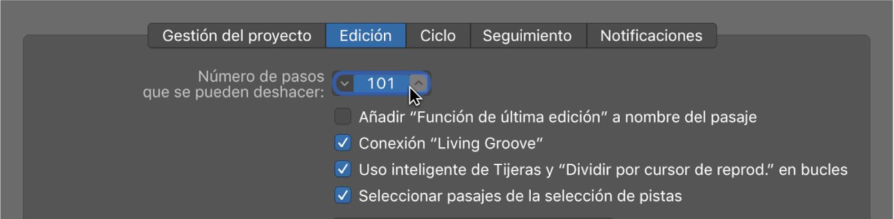 Ilustración. Campo “Número de pasos que se pueden deshacer” del panel Edición de las preferencias generales.
