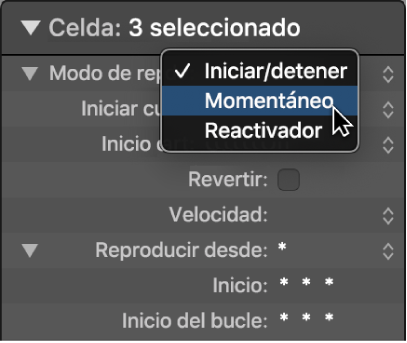 Ilustración. Ajuste del modo de reproducción del inspector de celdas.