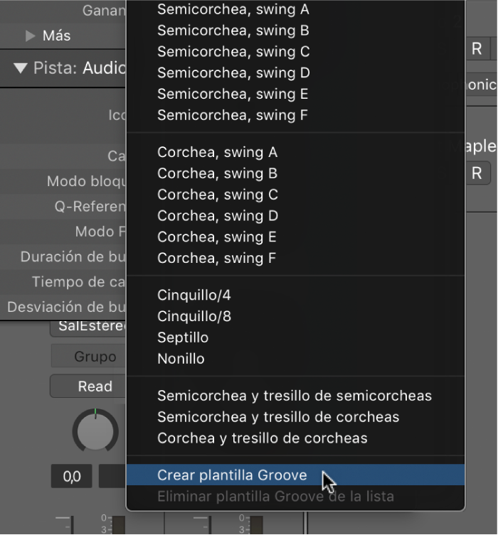 Ilustración. Opción “Crear plantilla de groove” seleccionada en el menú desplegable Cuantizar.