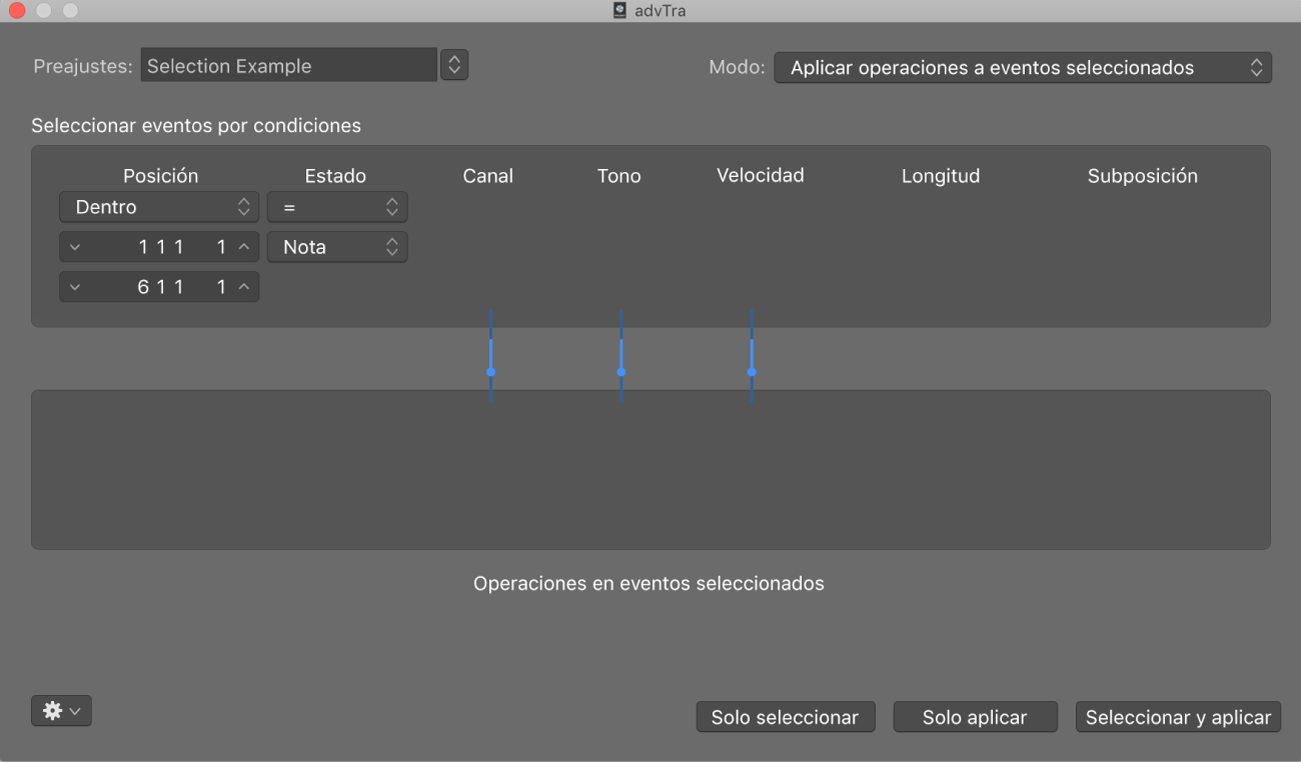 Ilustración. Ventana Transformación con ajustes para hacer selecciones de notas para operaciones de edición.