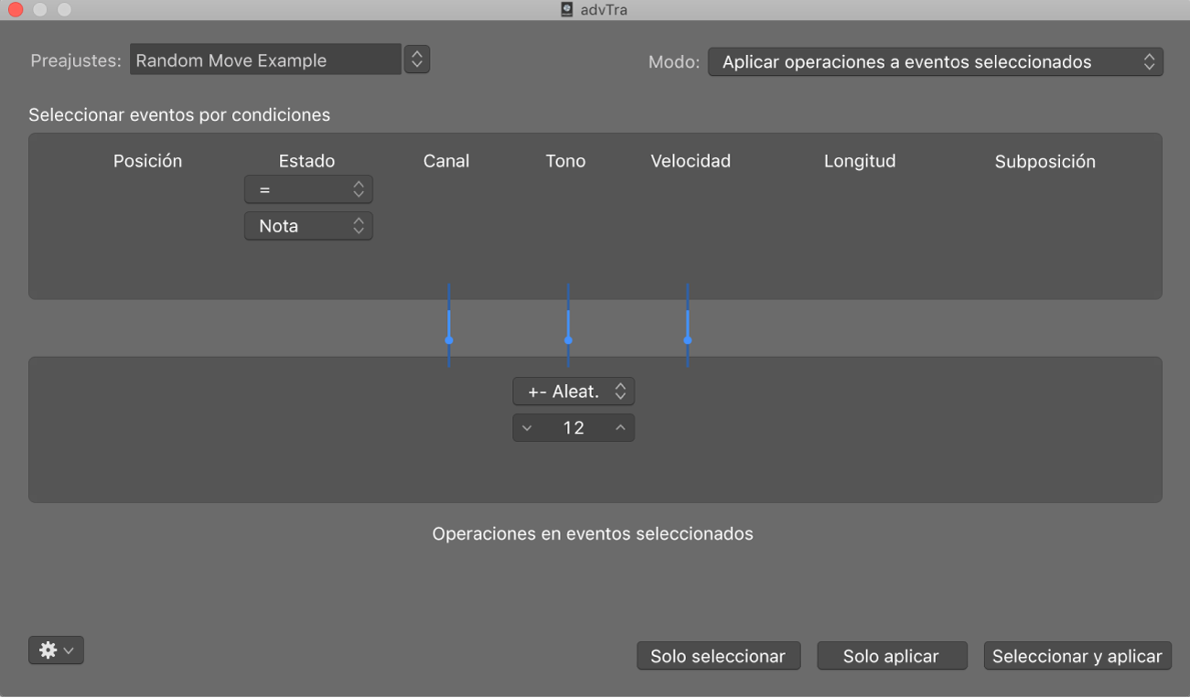 Ilustración. Ventana Transformación con ajustes para convertir eventos de nota MIDI en eventos de controlador 1 MIDI.