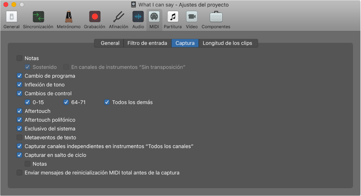Ilustración. Panel Capturar de los ajustes MIDI del proyecto.