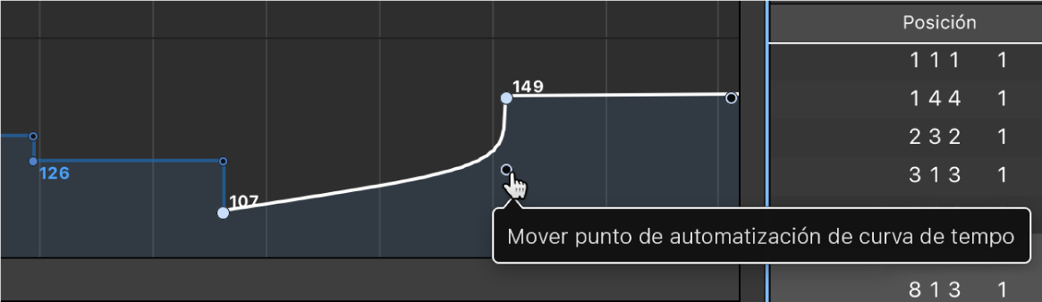 Ilustración. Se está arrastrando la punta de la línea en ángulo recto para crear una curva de tempo.