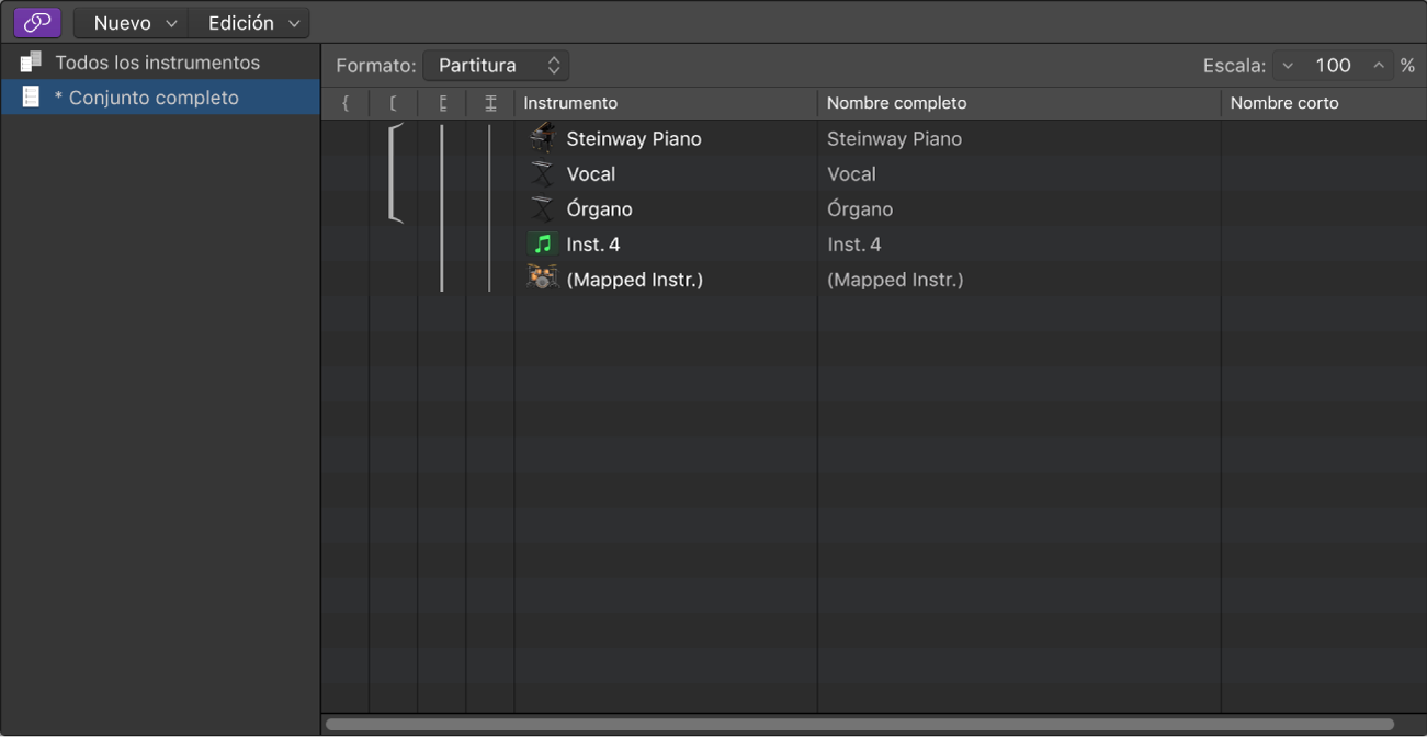 Ilustración. Columna Instrumento en la ventana “Conjuntos de partituras”.