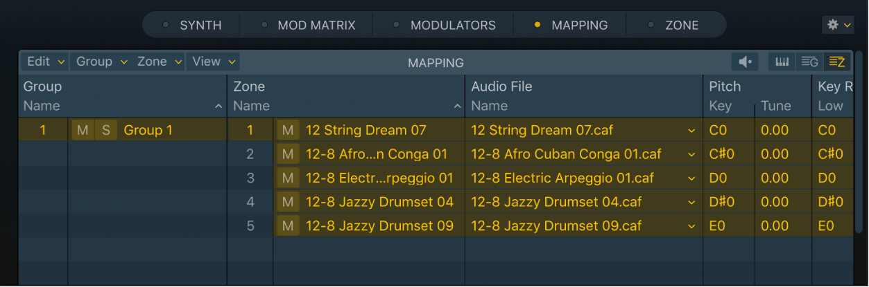 Ilustración. Vista de zona del panel Mapping de Sampler, que muestra un nuevo grupo que contiene varios archivos de audio, o zonas.