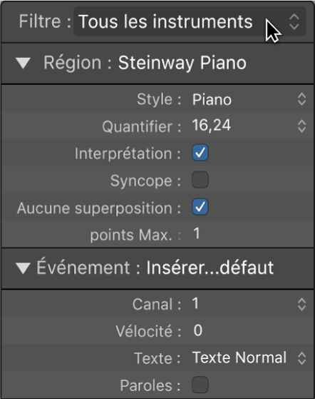 Figure. Menu Jeu de partitions dans l’inspecteur